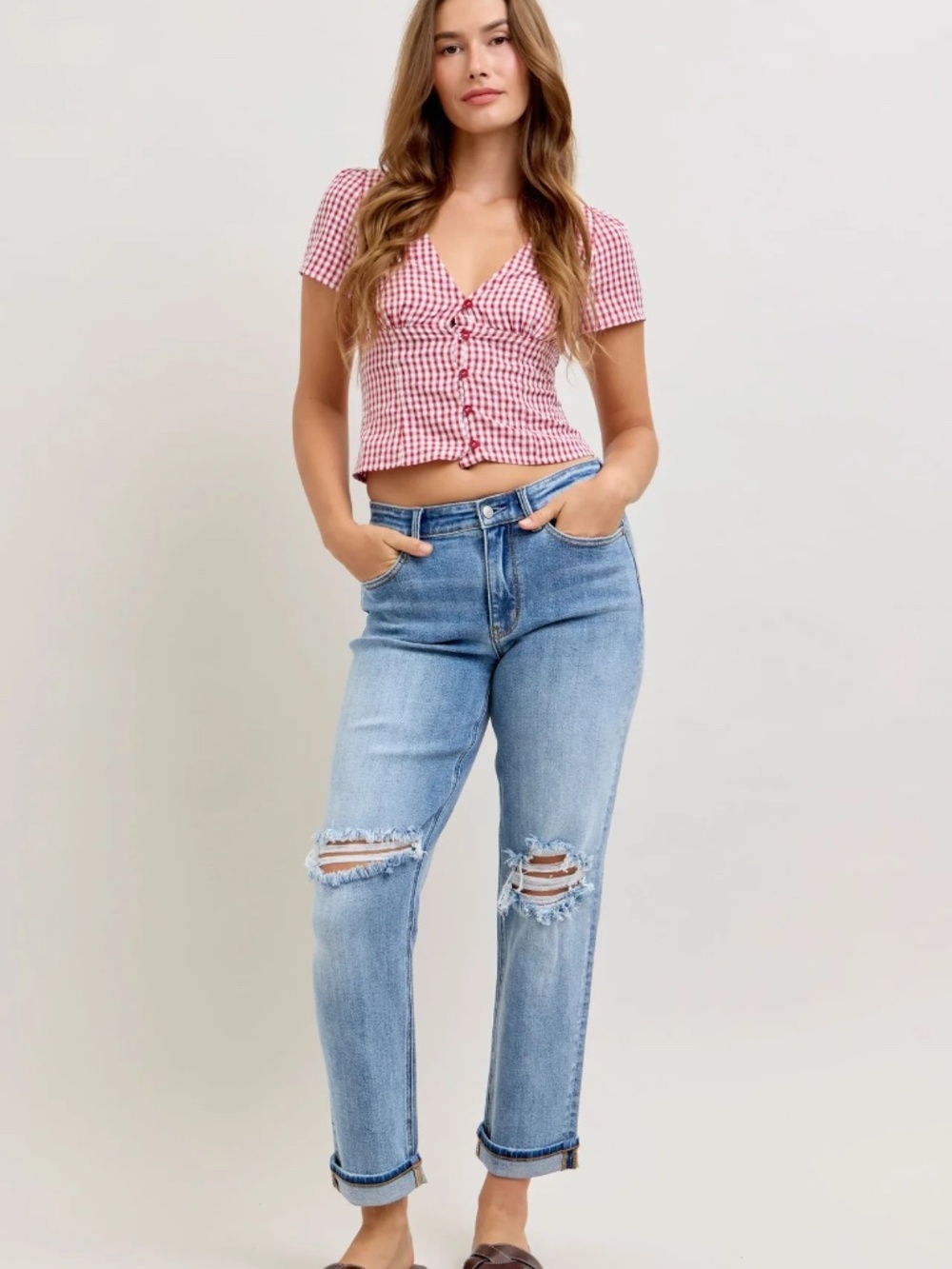 JUDY BLUE MID RISE LIGHT WASH DESTROYED AND CUFFED BOYFRIEND